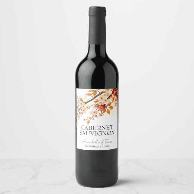 Apples and Blossoms Autumn Wedding Wine Label (Front)