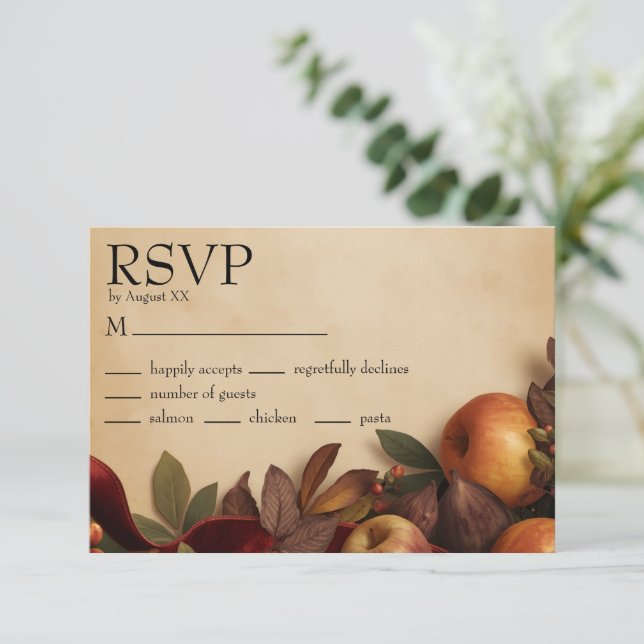 Apples and Figs Rustic Autumn Wedding RSVP Card (Standing Front)