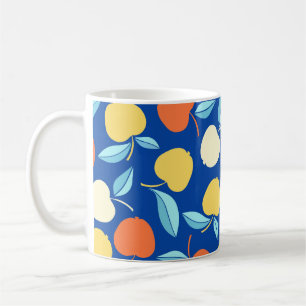 Apples leaves, blue background, seamless pattern. coffee mug