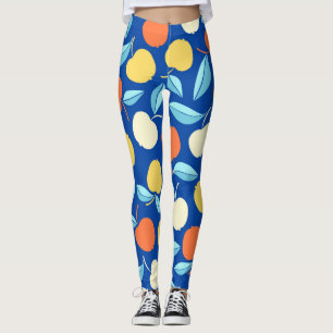 Apples leaves, blue background, seamless pattern. leggings