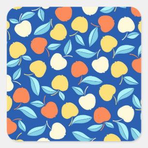 Apples leaves, blue background, seamless pattern. square sticker