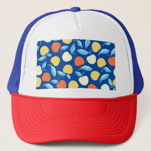 Apples leaves, blue background, seamless pattern. trucker hat