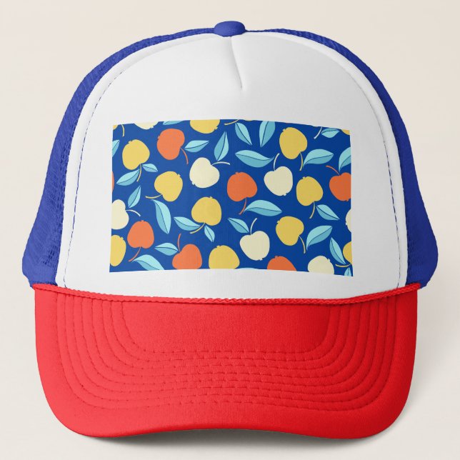 Apples leaves, blue background, seamless pattern. trucker hat (Front)