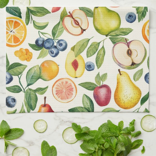 Apples Pears Blueberries Oranges Lemon Lime Fruits Tea Towel (Folded)