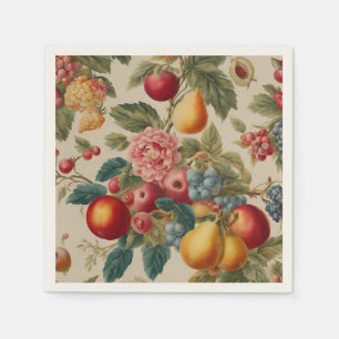 Apples, Pears, Grapes, Pink Flower. French Painted Napkin