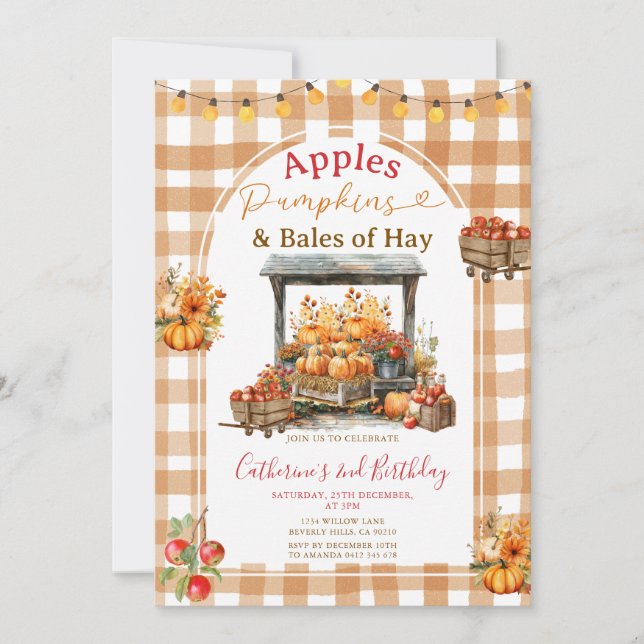 Apples Pumpkins and Bales of Hay Birthday Gingham Invitation (Front)