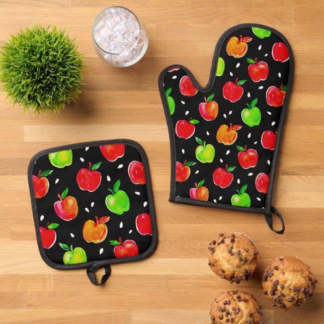 Apples Watercolor Pattern Oven Mitt & Pot Holder Set (Top Down)