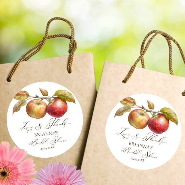 Appley ever after apple fall bridal shower favour classic round sticker (Appley ever after apple fall bridal shower thank you favor stickers fall bridal shower favors)