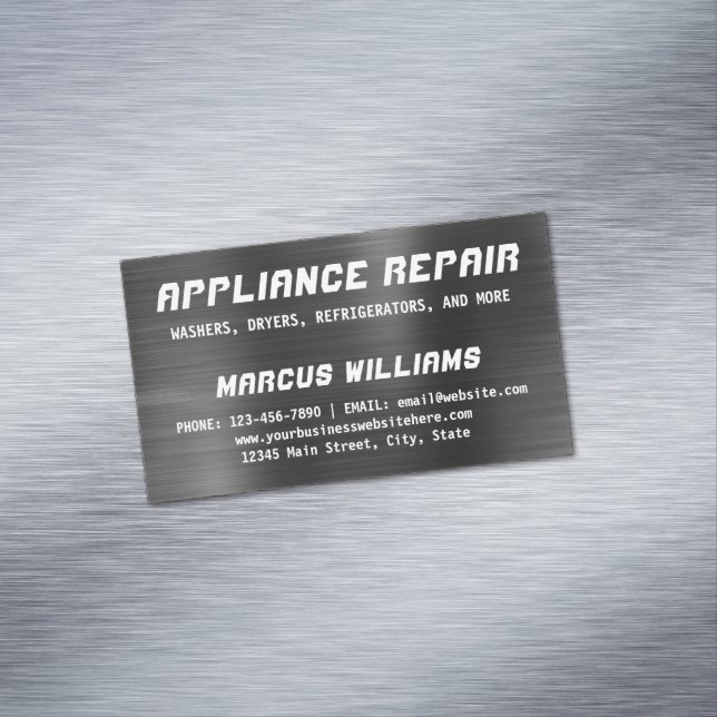 Appliance Repair Dark Grey Faux Metallic Steel Magnetic Business Card (In Situ)