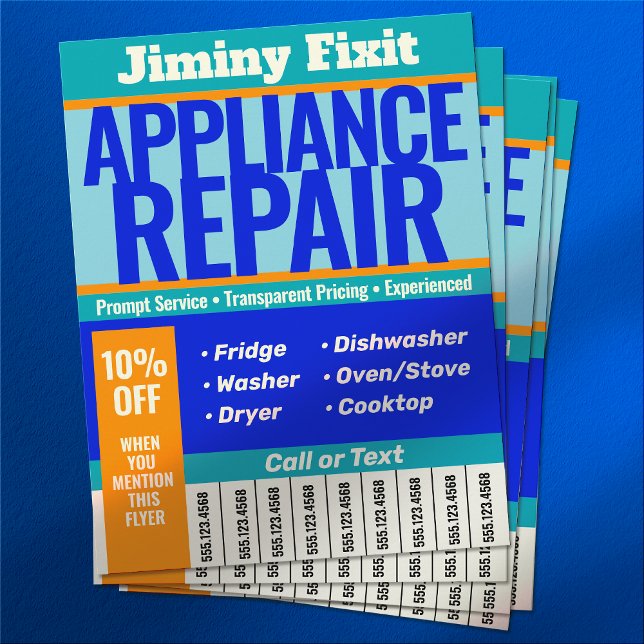 Appliance Repair Tear Off Phone Number Flyer (home appliance repair flyers with tear off phone numbers.)