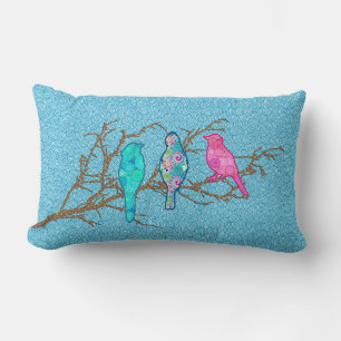 Applique Birds on a Branch, Sky Blue Multi Lumbar Cushion