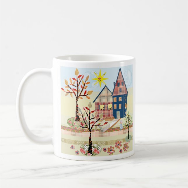 Applique, houses, village coffee mug (Left)