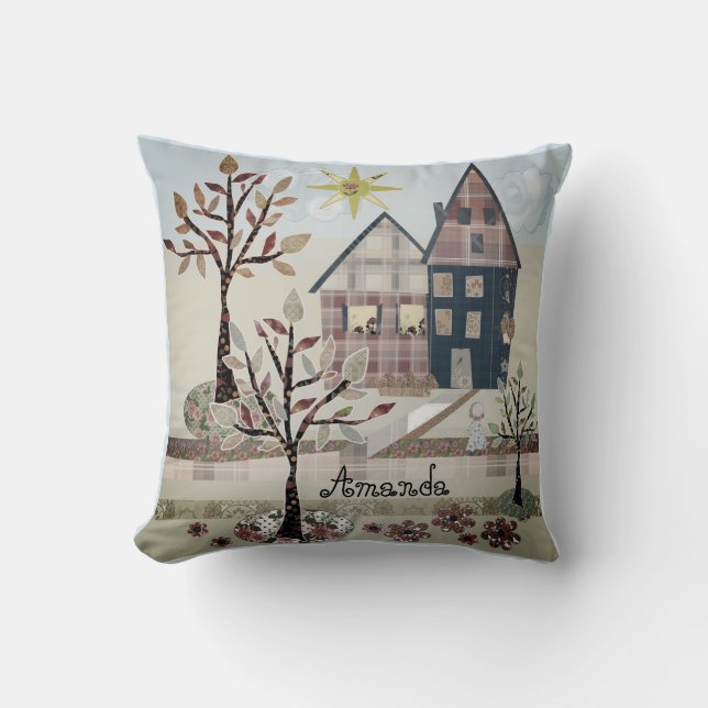 Applique, houses, village, patchwork, quilting, fl cushion (Front)