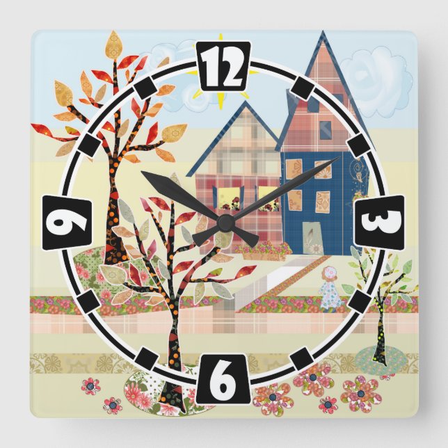 Applique, houses, village square wall clock (Front)
