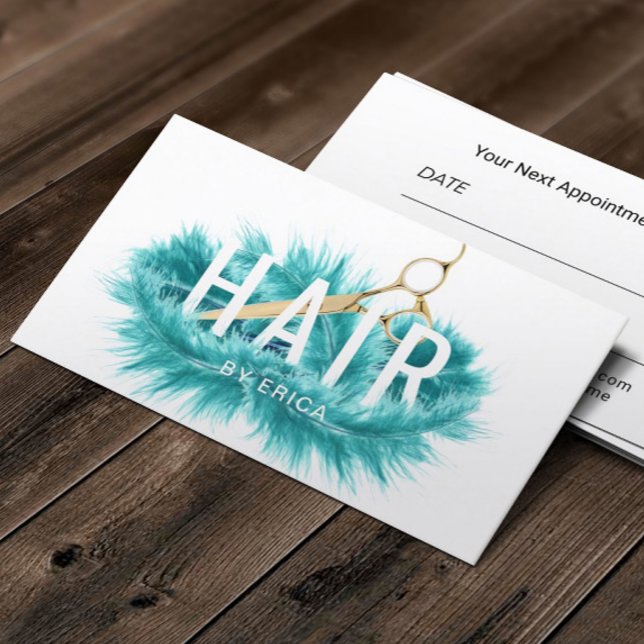 Appointment Modern Teal Feather Gold Scissor Hair Business Card (Creator Uploaded)