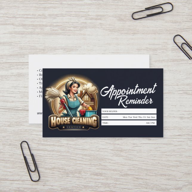 Appointment Reminder House Cleaning Housekeeping Business Card (Front/Back In Situ)