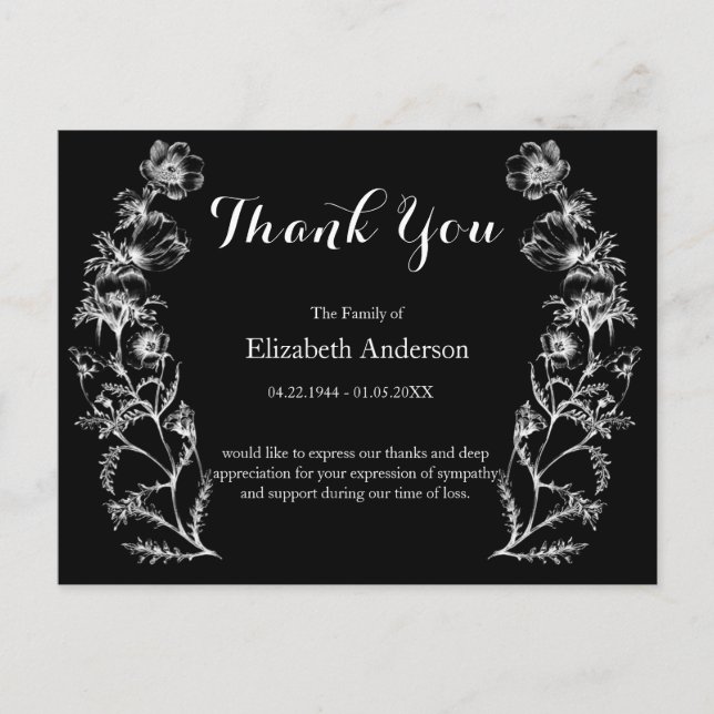 Appreciation Funeral Black White Vintage Flowers Postcard (Front)