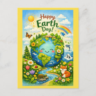 appy Earth Day – Cute Earth & Woodland Animals Postcard