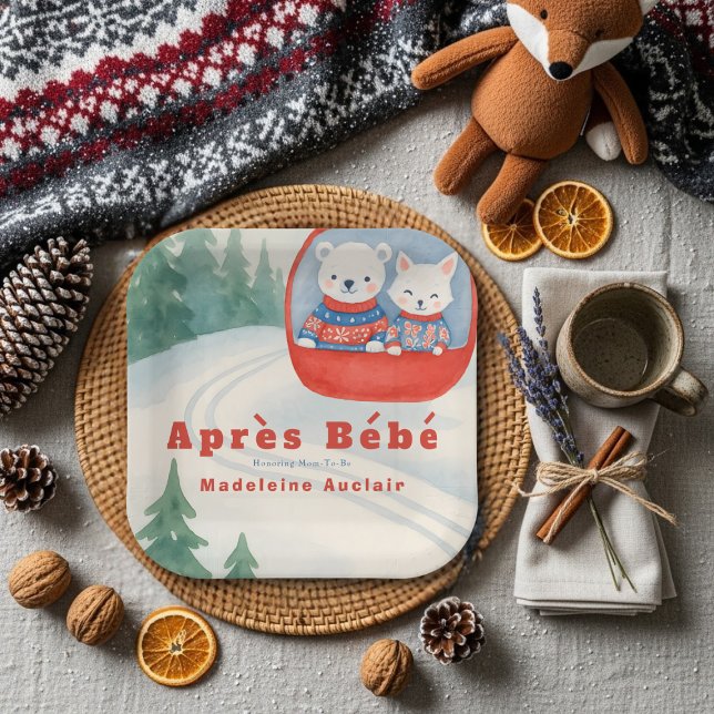 Après Bébé ski woodland animals winter baby shower Paper Plate (Après Bébé ski woodland animals winter baby shower Paper Plates)
