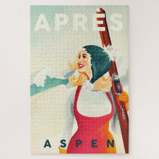 "Apres Ski Aspen" Cool Vintage Pinup Girl Skiing Jigsaw Puzzle