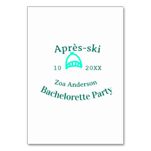 Après-ski bachelorette party turquoise hat name da table number