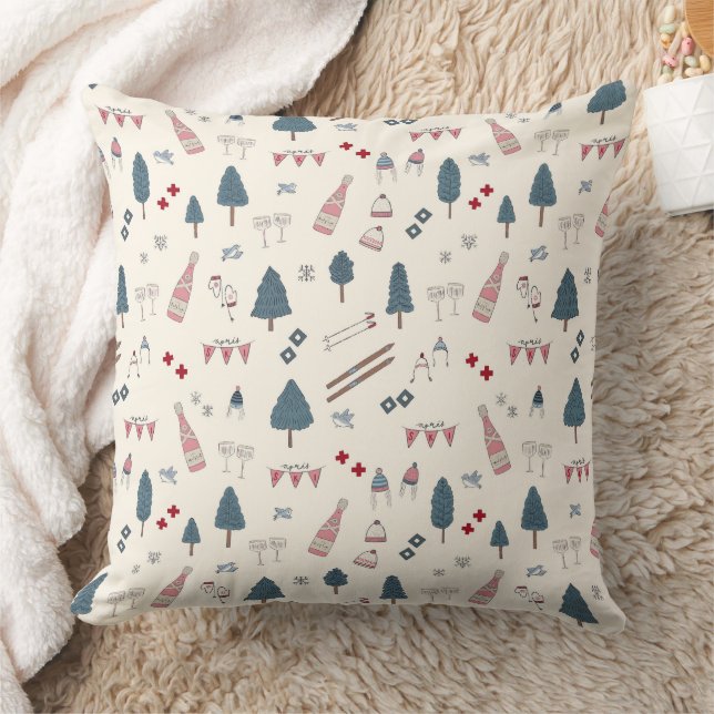 Apres Ski Cabin Decor Retro Pink Champagne Cushion (Blanket)