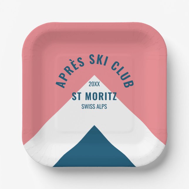  Après Ski Club Pink Navy Retro Ski Party Square Paper Plate (Front)