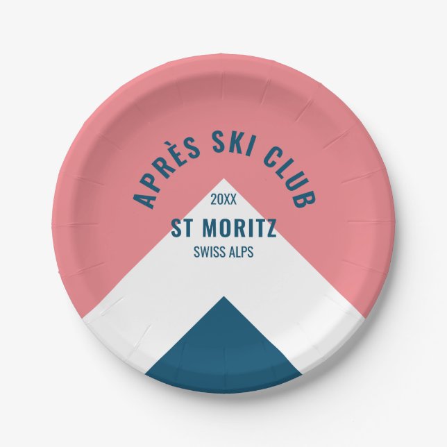  Après Ski Club Pink Navy Retro Style Ski Party Paper Plate (Front)
