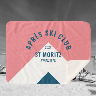 Après Ski Club Pink Navy Retro Winter Sherpa Blanket