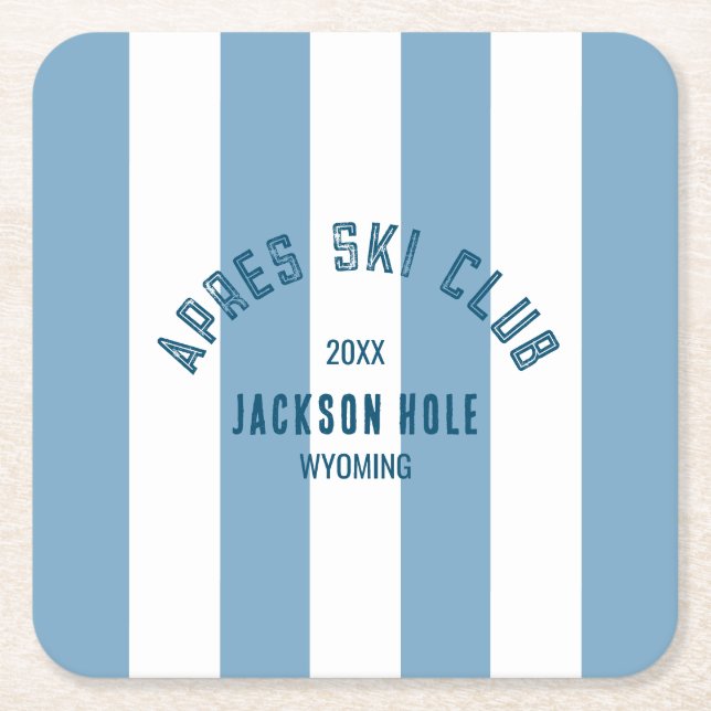 Apres Ski Club Retro Blue Cabana Stripe Ski Party Square Paper Coaster (Front)