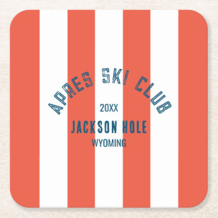 Apres Ski Club Retro Red Cabana Stripe Ski Party Square Paper Coaster