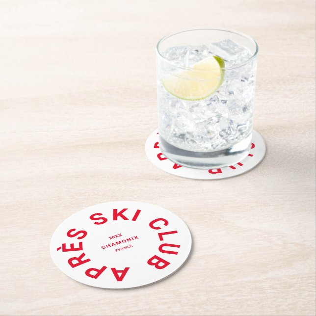 Après Ski Club Winter Red Ski Resort Crest Round Paper Coaster (Insitu)