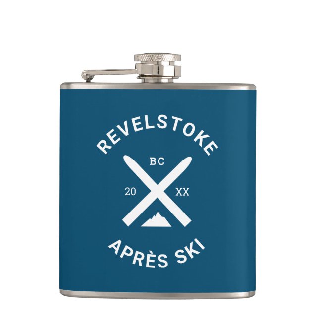 Après Ski Revelstoke Mountain Crossed Skis Crest Hip Flask (Front)