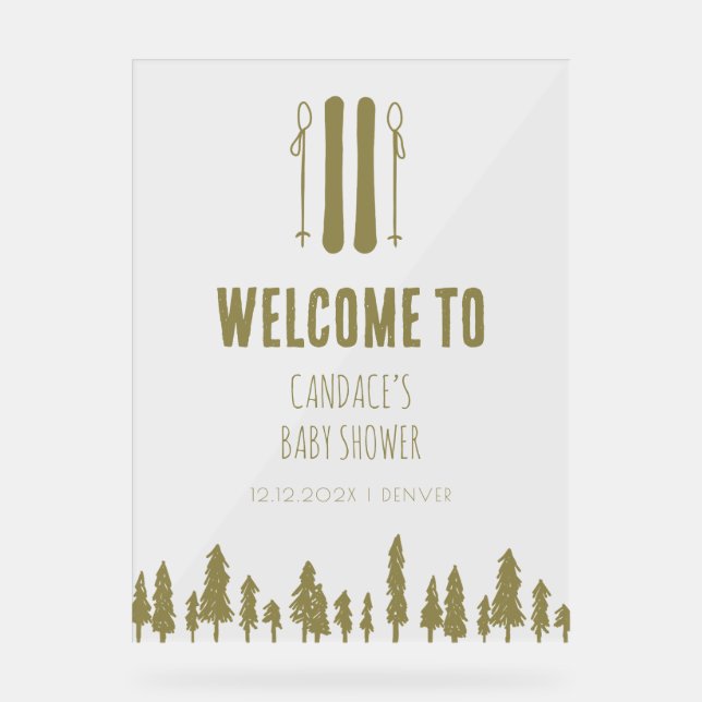 Apres Ski Winter Theme Pink Baby Shower Welcome Acrylic Sign (Front)