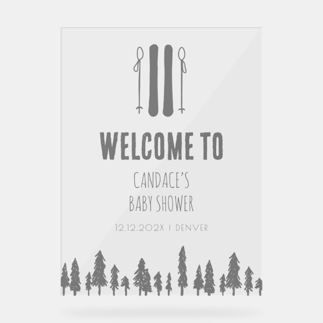 Apres Ski Winter Theme Silver Baby Shower Welcome Acrylic Sign (Front)