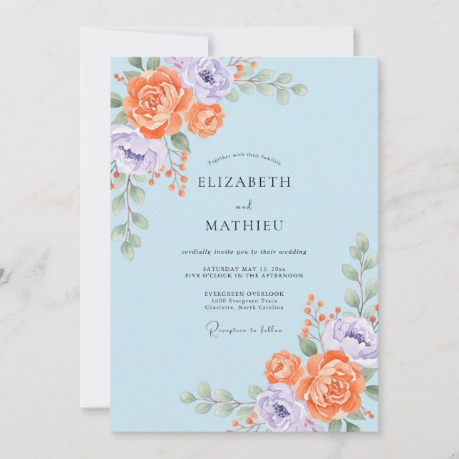 Apricot Amethyst Ranunculus Eucalyptus Wedding Invitation (Front)