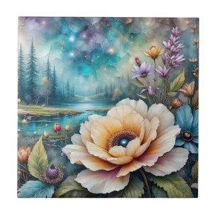 Apricot and Blue Cosmos river forest landscape Tile