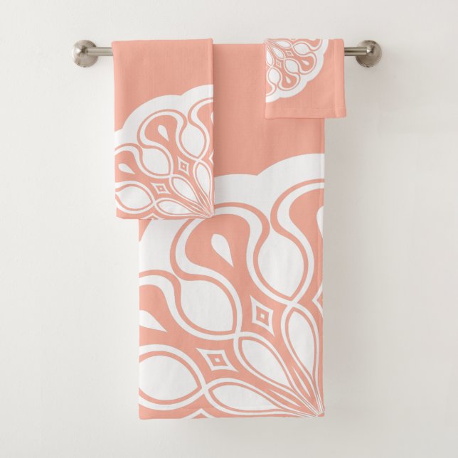 Apricot and White Abstract Modern Mandala Bath Towel Set (Insitu)