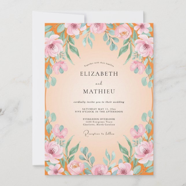Apricot Aqua Bloom Wedding Invitation (Front)