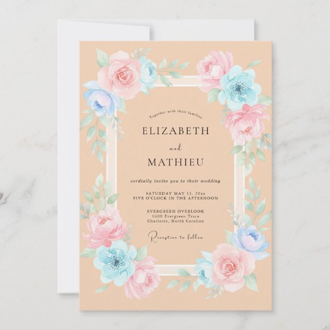 Apricot Aqua Peony Wedding Invitation (Front)