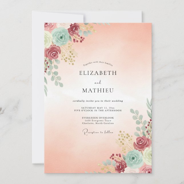 Apricot Aqua Ranunculus Eucalyptus Wedding Invitation (Front)
