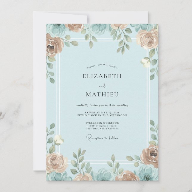Apricot Azure Leafy Wedding Invitation (Front)