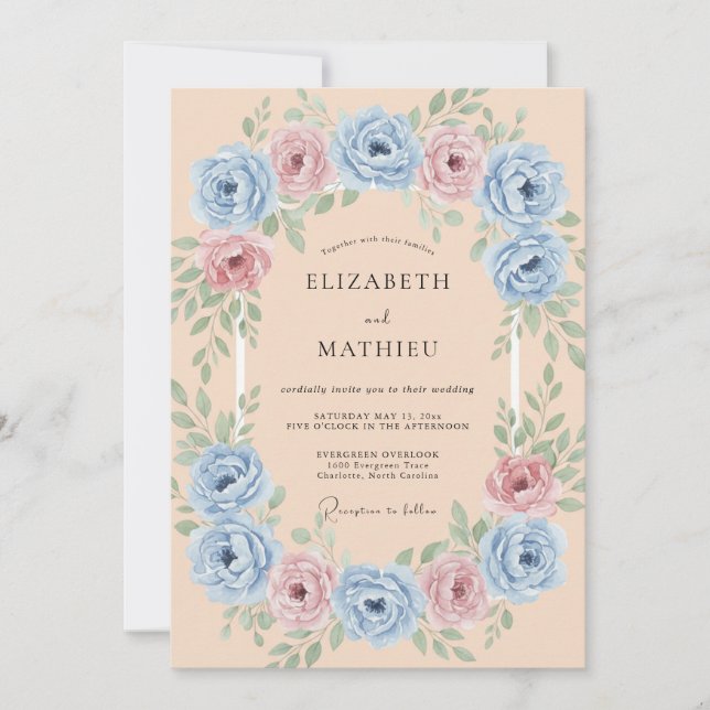 Apricot Azure Ranunculus Dusty Eucalyptus Wedding Invitation (Front)