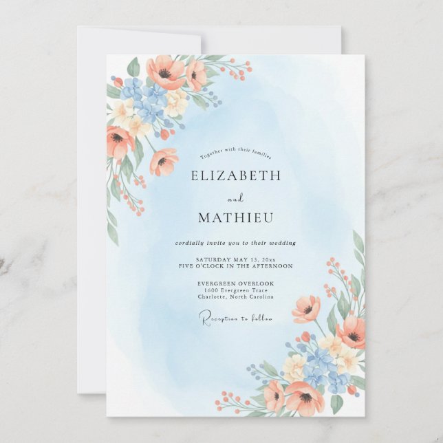Apricot Azure Ranunculus Eucalyptus Wedding Invitation (Front)