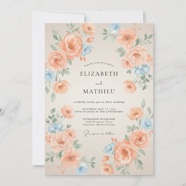 Apricot Azure Ranunculus Muted Eucalyptus Wedding Invitation (Front)