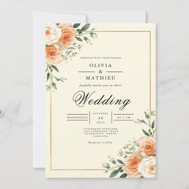Apricot Bloom Corner Flourish Wedding Invitation (Front)
