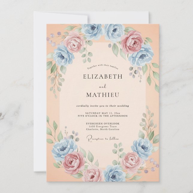 Apricot Blush Ranunculus Eucalyptus Wedding Invitation (Front)