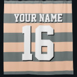 Apricot Charcoal Sports Jersey Preppy Stripe Shower Curtain<br><div class="desc">Preppy Striped Team Jersey / Sports Jersey / Football Jersey / Rugby Jersey with Custom Name Customise this with your own name or team name and a number. You can change the size, colour and placement of the text if you need to make changes, change the colour of or remove...</div>
