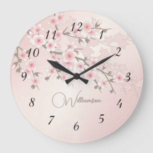 Apricot Cherry Blossom Monogram Large Clock