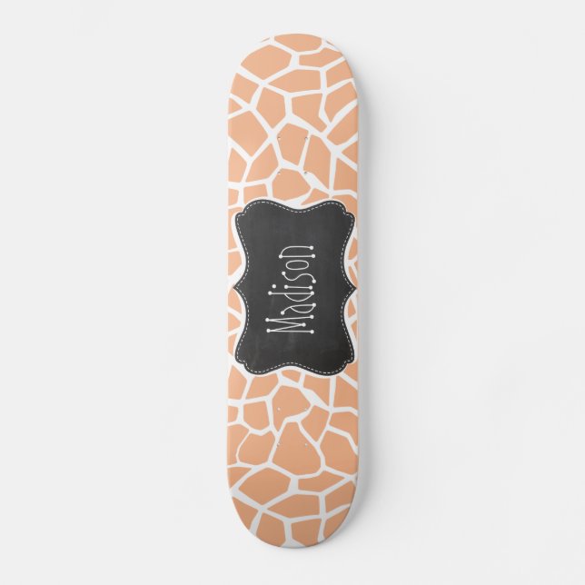 Apricot Colour Giraffe Print; Vintage Chalkboard Skateboard (Front)